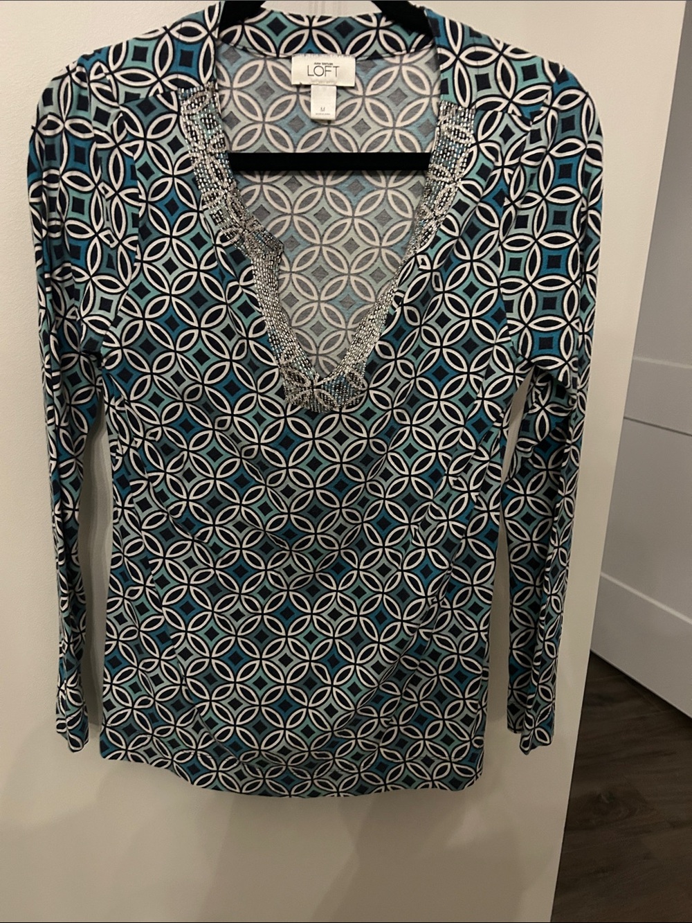 LOFT Teal and Black Geometric Long-Sleeve V-Neck Top with Beaded Trim